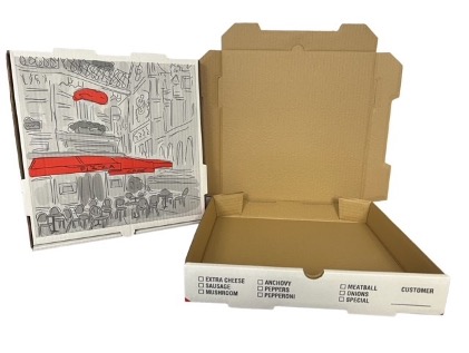 NEMCO PIZZA BOX 12X12X2 WHITE PRINT “PIZZA CAFE” / KRAFT B FLUTE 50/CS