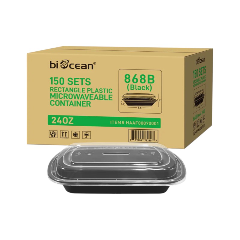 BIOCEAN Rectangle Black Bottom Clear Top 24OZ (868B) Microwavable Container 150/Cs