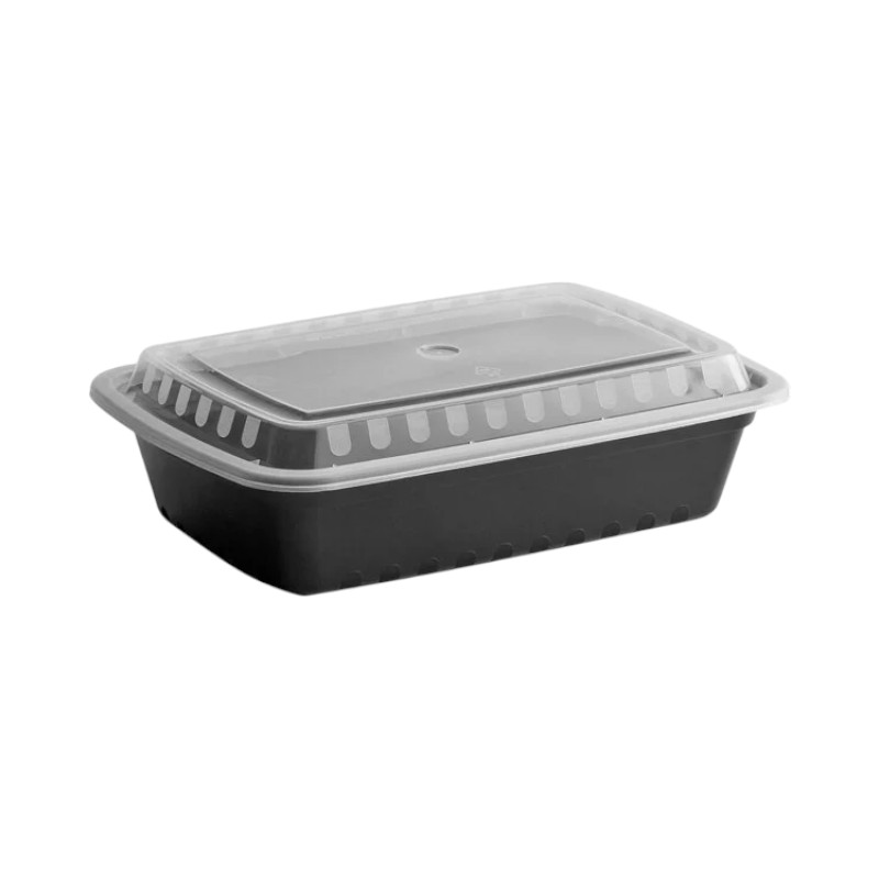Biocean RE-38 Black Bottom Clear Top Microwavable 38oz Rectangular Container - 150/Cs