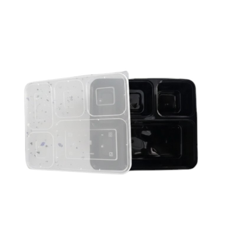 5 Compartment 5CP Black Meal Tray / Thali with Lid - 100/Cs