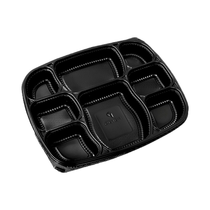 8 Compartment 8CP Black Meal Tray / Thali with Lid - 300/Cs