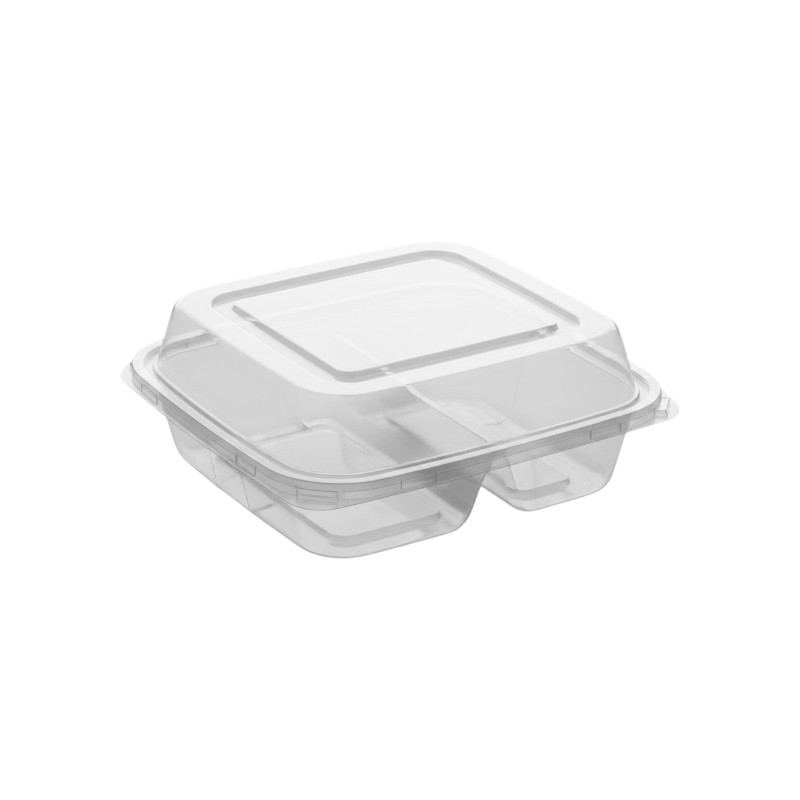 Genpak Clover 8" x 8" x 3" 3-Compartment Microwavable Clear Plastic Hinged Container - 150/Case